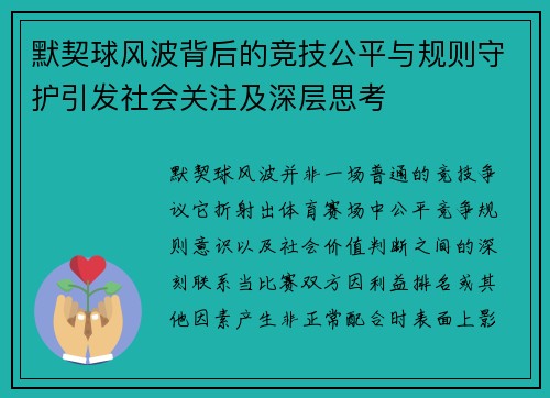 默契球风波背后的竞技公平与规则守护引发社会关注及深层思考